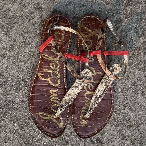 Sam Edelman Women's Gigi Thong Flat Sandals T-Strap Leather Gold Brown Size 8.5M - Picture 3 of 7